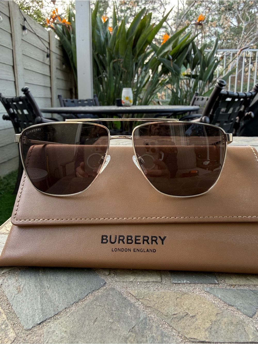 Burberry Men’s Aviator Sunglasses with Gold Frame and Brown Lenses